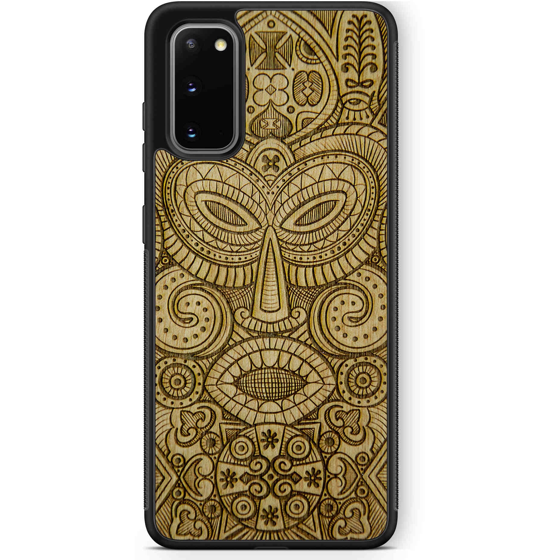 Tribal Mask wooden phone case held in hand, showcasing its unique design and natural wood grain.