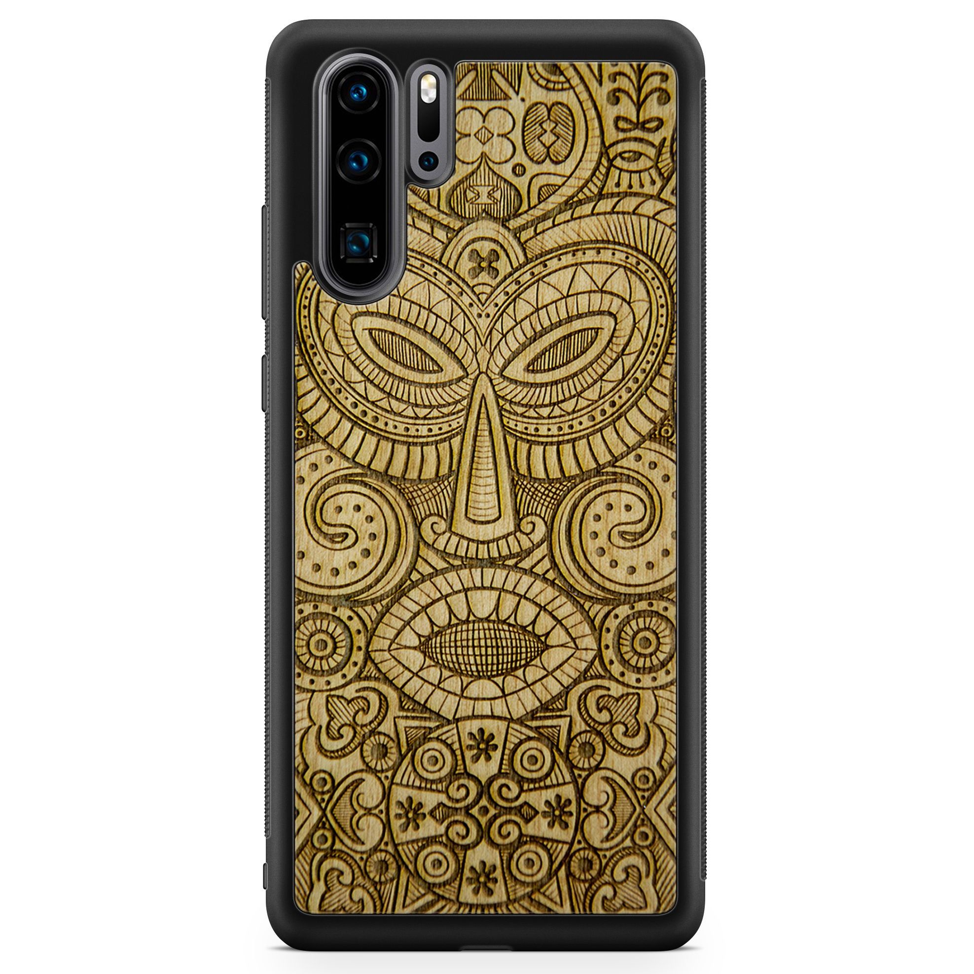 Tribal Mask wooden phone case held in hand, showcasing its unique design and natural wood grain.