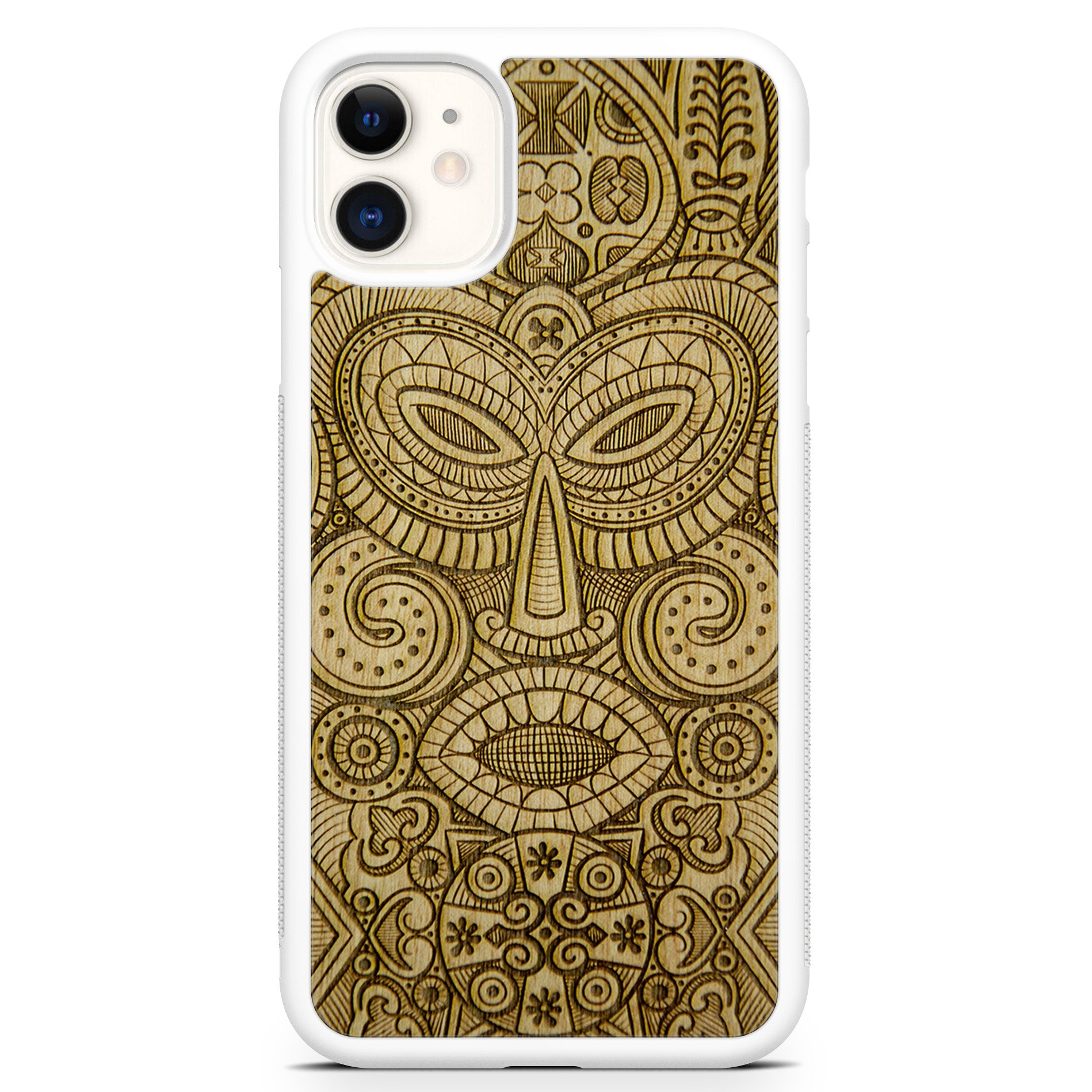 Tribal Mask wooden phone case held in hand, showcasing its unique design and natural wood grain.