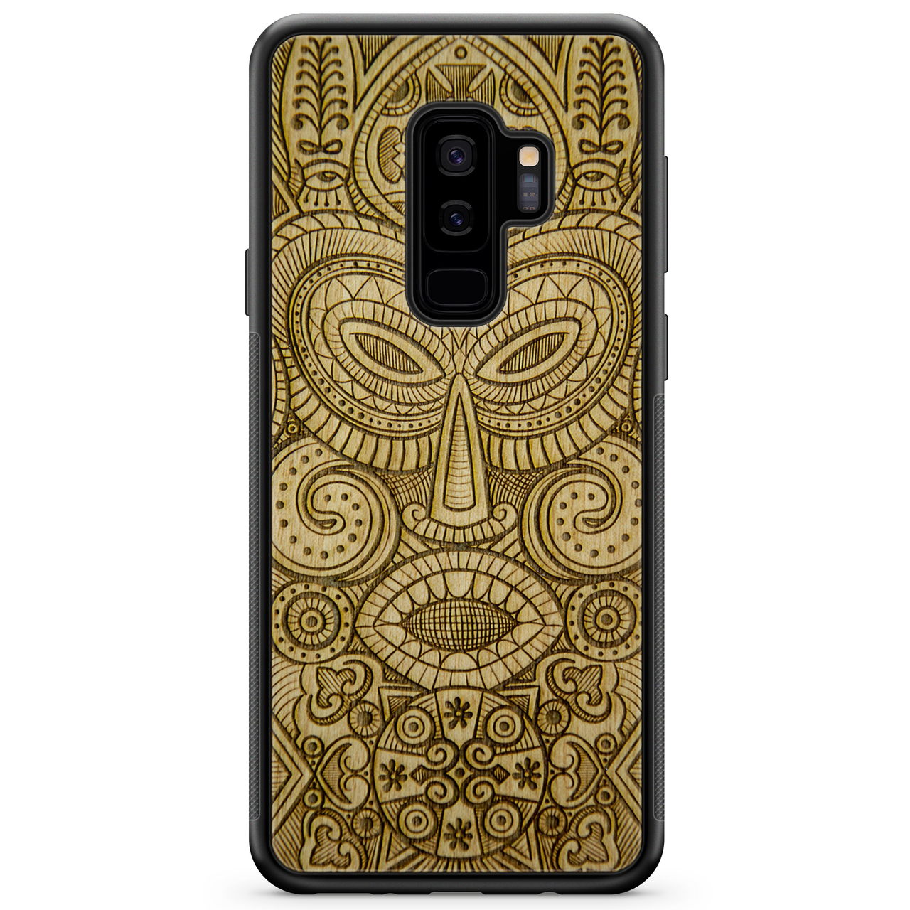 Tribal Mask wooden phone case held in hand, showcasing its unique design and natural wood grain.