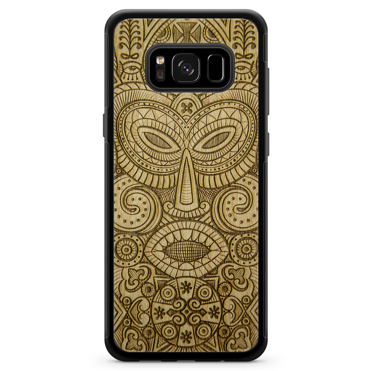 Tribal Mask wooden phone case held in hand, showcasing its unique design and natural wood grain.