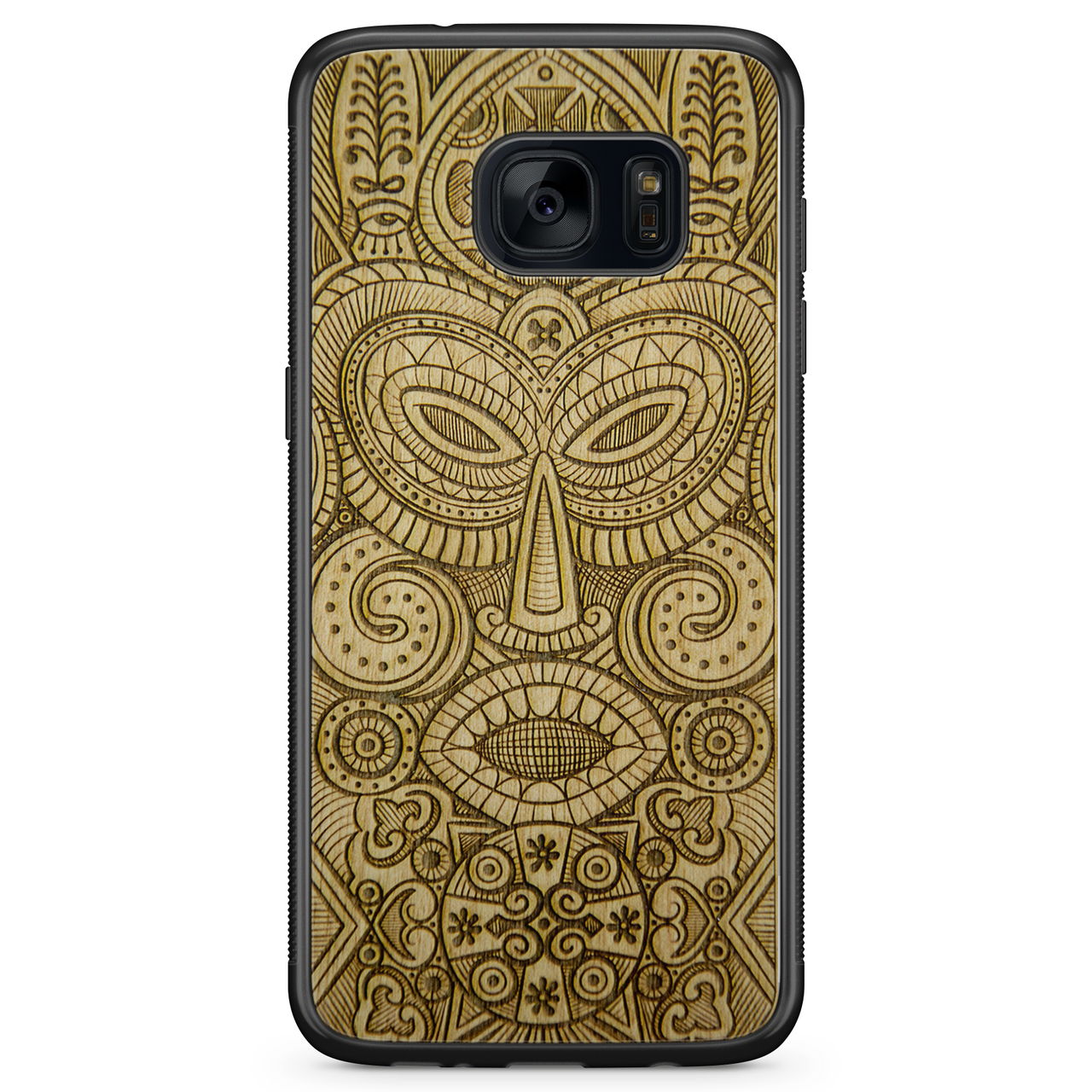 Tribal Mask wooden phone case held in hand, showcasing its unique design and natural wood grain.