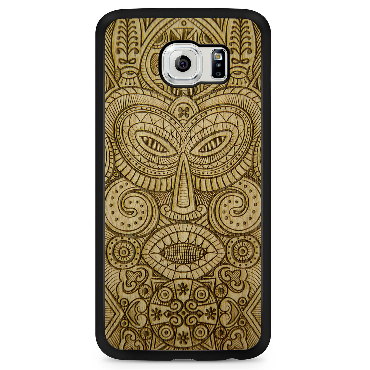 Tribal Mask wooden phone case held in hand, showcasing its unique design and natural wood grain.