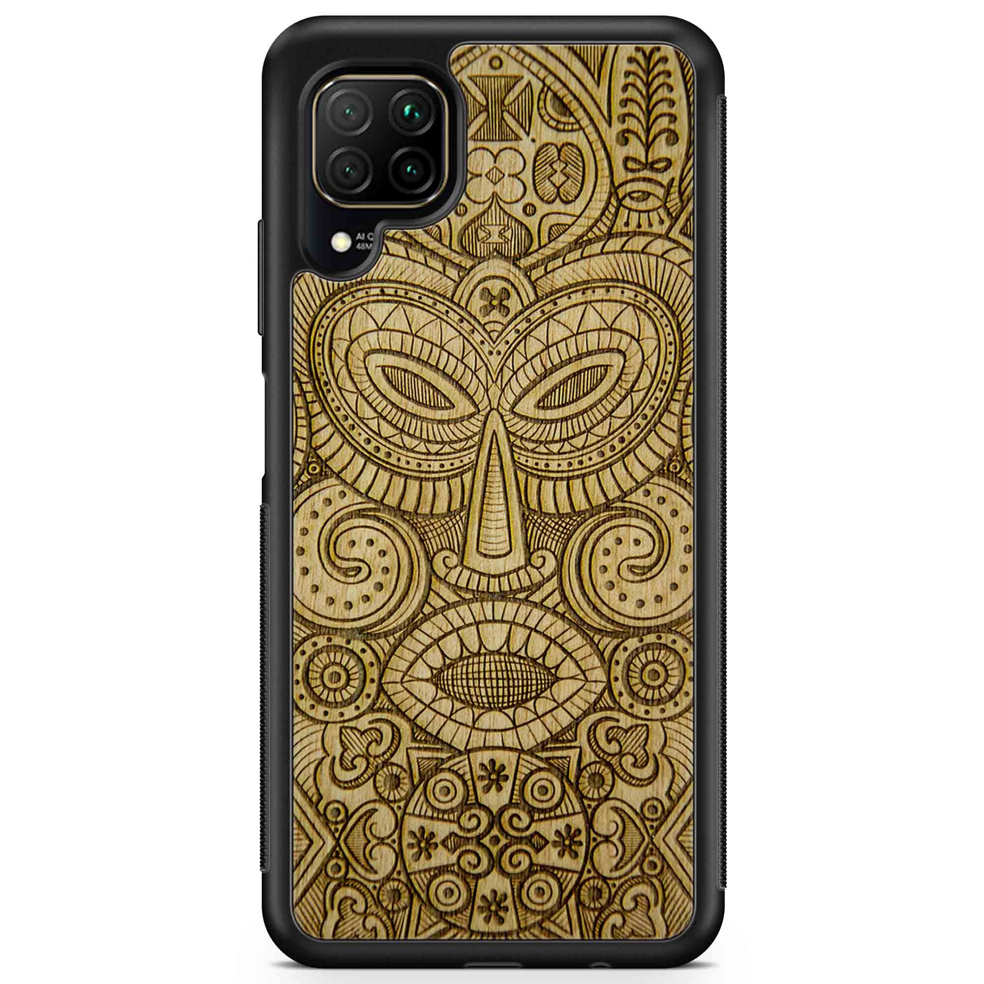 Tribal Mask wooden phone case held in hand, showcasing its unique design and natural wood grain.