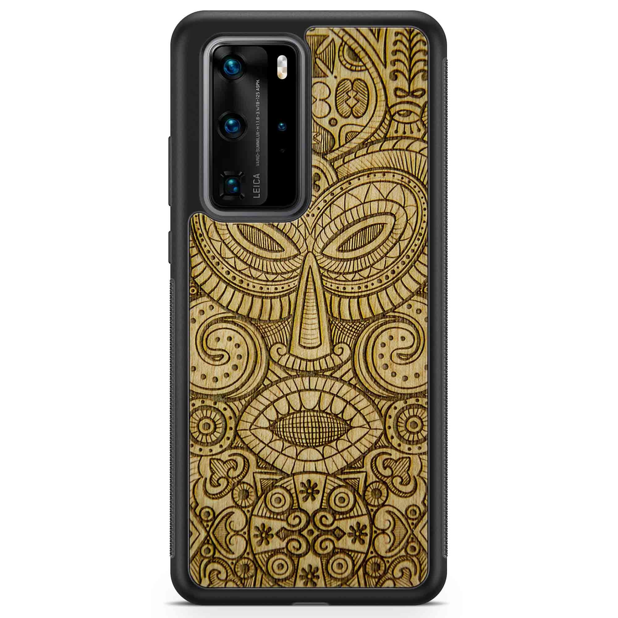 Tribal Mask wooden phone case held in hand, showcasing its unique design and natural wood grain.