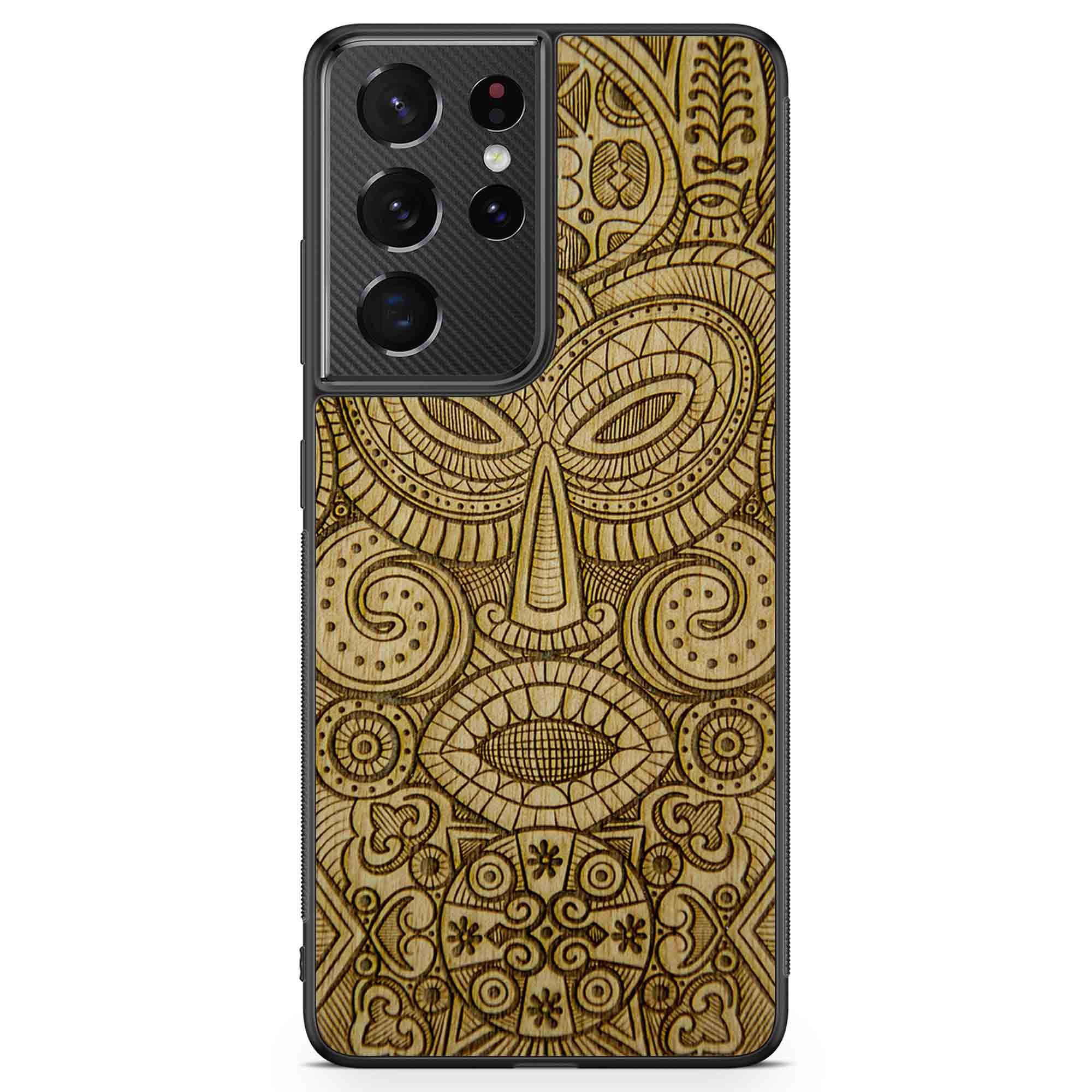 Tribal Mask wooden phone case held in hand, showcasing its unique design and natural wood grain.