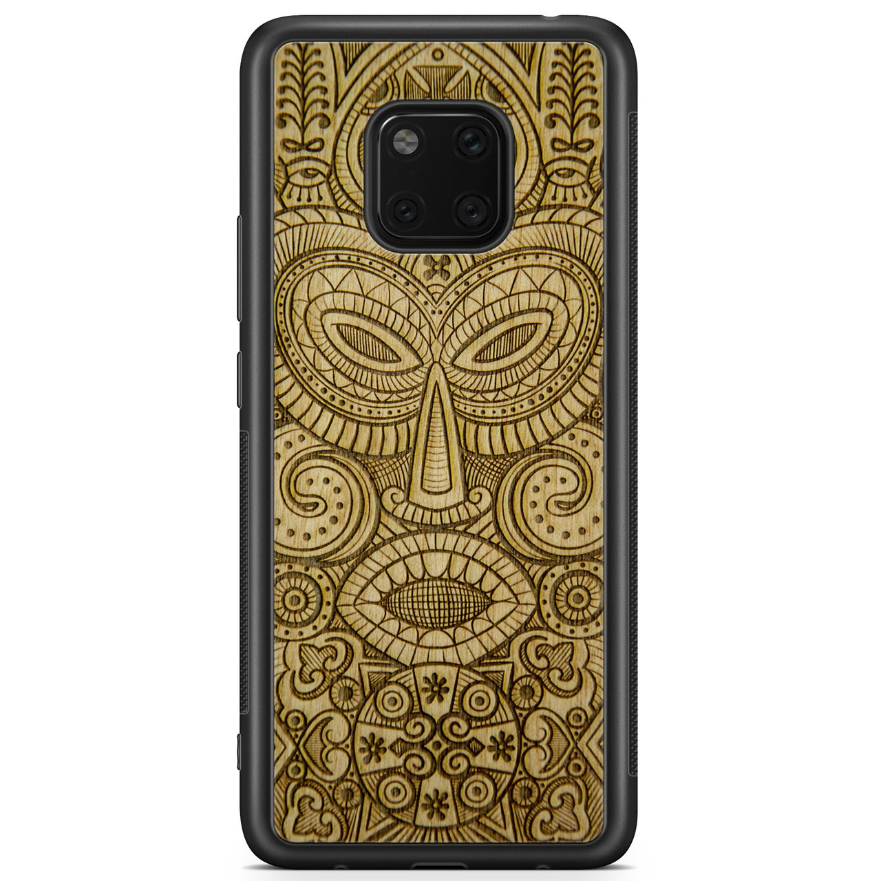 Tribal Mask wooden phone case held in hand, showcasing its unique design and natural wood grain.