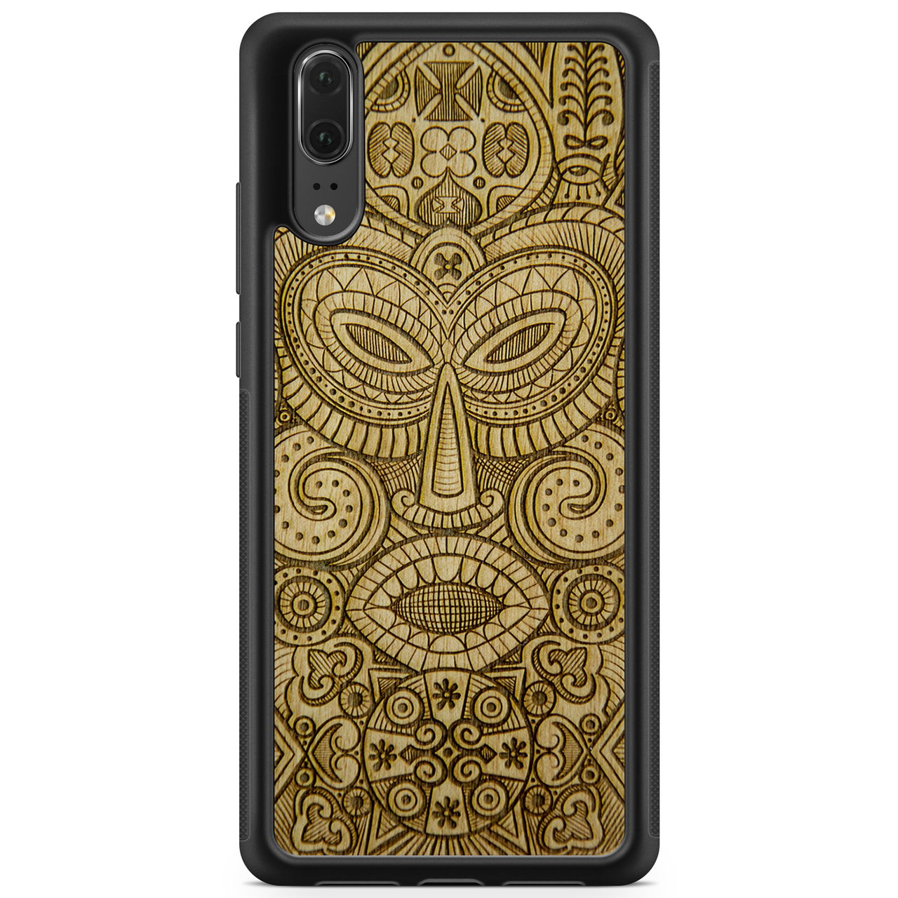 Tribal Mask wooden phone case held in hand, showcasing its unique design and natural wood grain.