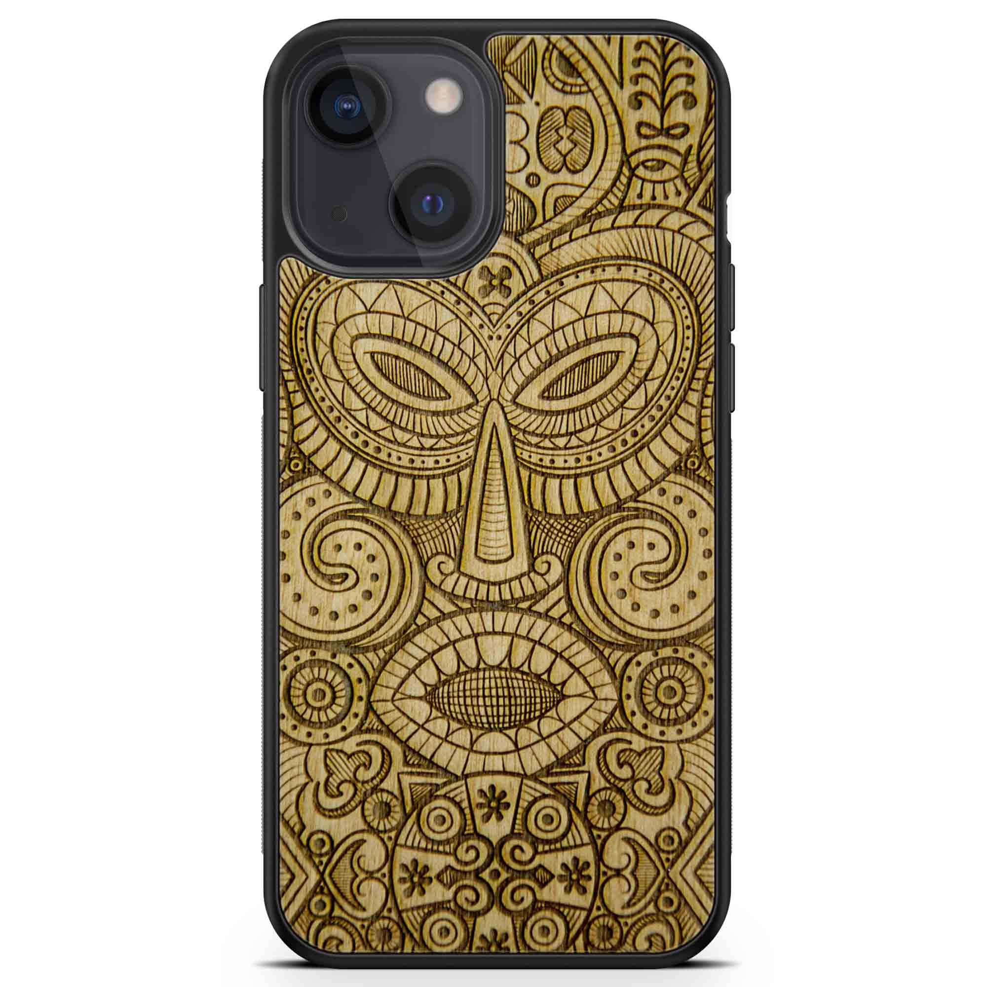 Tribal Mask wooden phone case held in hand, showcasing its unique design and natural wood grain.