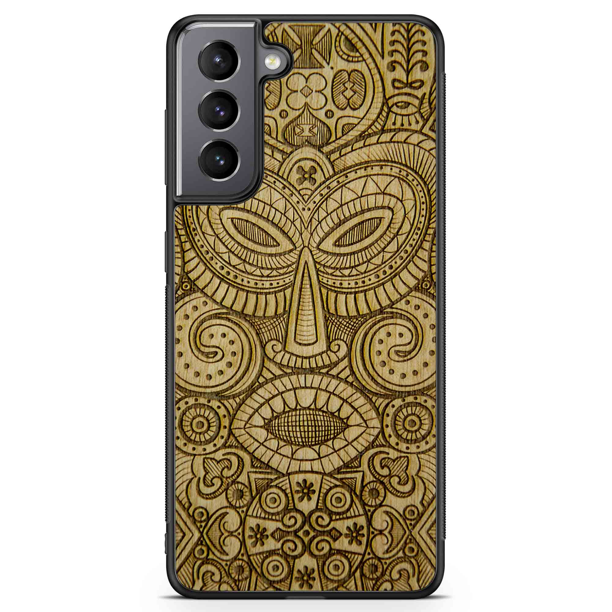 Tribal Mask wooden phone case held in hand, showcasing its unique design and natural wood grain.