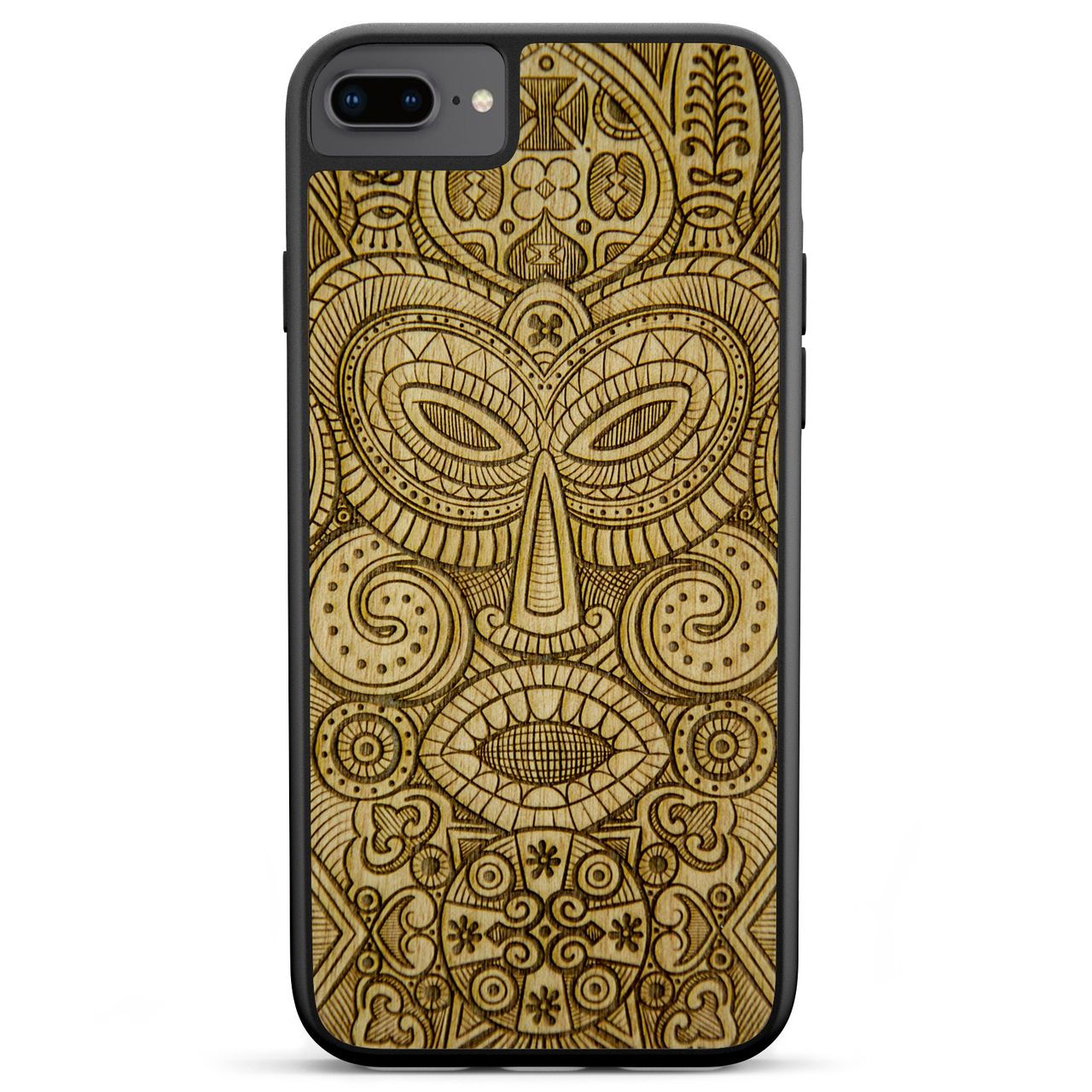 Tribal Mask wooden phone case held in hand, showcasing its unique design and natural wood grain.