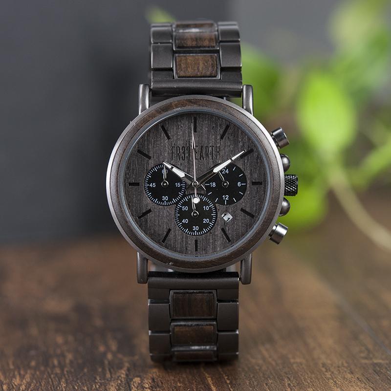 Triumph Watch featuring a unique blend of natural wood and steel, showcasing its stylish design and craftsmanship.