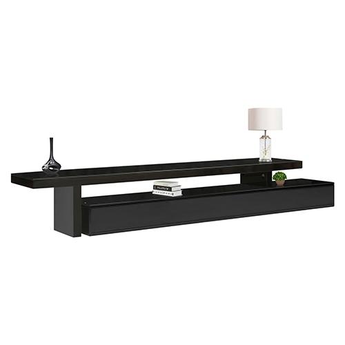 Elegant black TV cabinet with three storage drawers and a glossy MDF finish, featuring a thick tempered glass shelf.