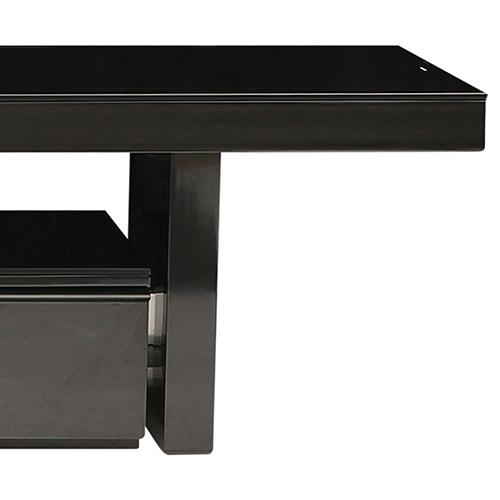 Elegant black TV cabinet with three storage drawers and a glossy MDF finish, featuring a thick tempered glass shelf.