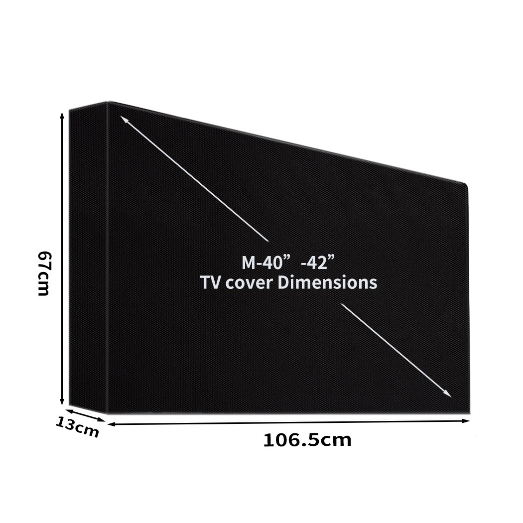 Black outdoor TV cover designed for 40-42 inch flat televisions, featuring durable Oxford fabric and hook and loop straps.