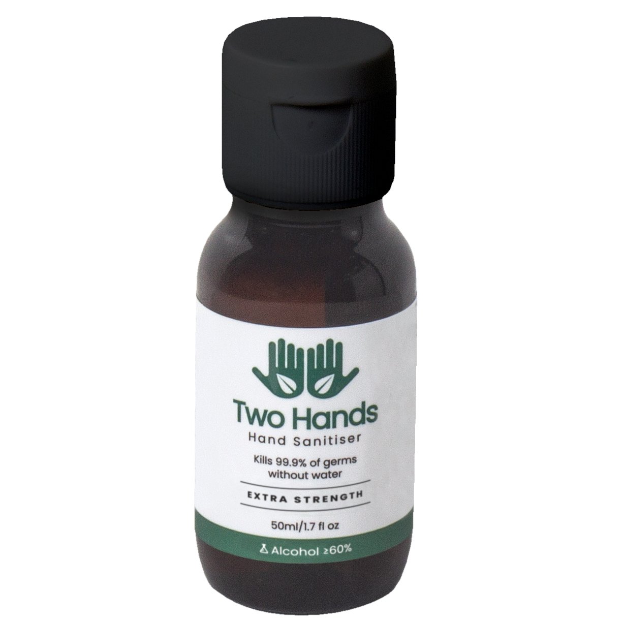 Two Hands Hand Sanitiser Gel 50ml with Flip Cap, showcasing its compact design and clear gel texture.