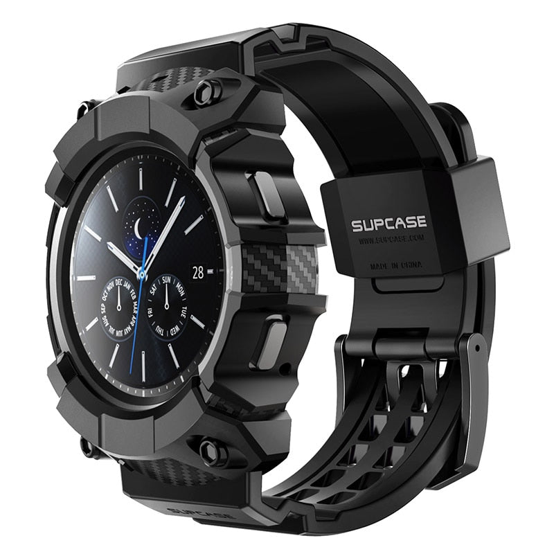 UB Pro rugged protective case for Samsung Galaxy Watch 4 Classic 46mm in black, showcasing its durable design and included strap bands.