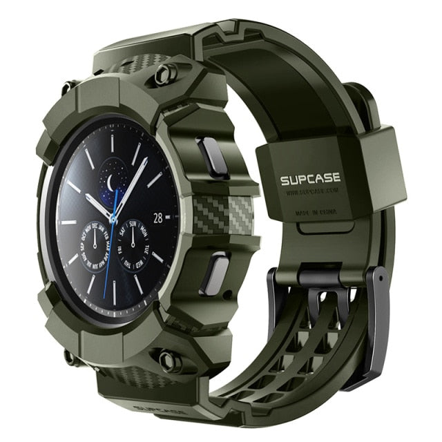 UB Pro rugged protective case for Samsung Galaxy Watch 4 Classic 46mm in black, showcasing its durable design and included strap bands.