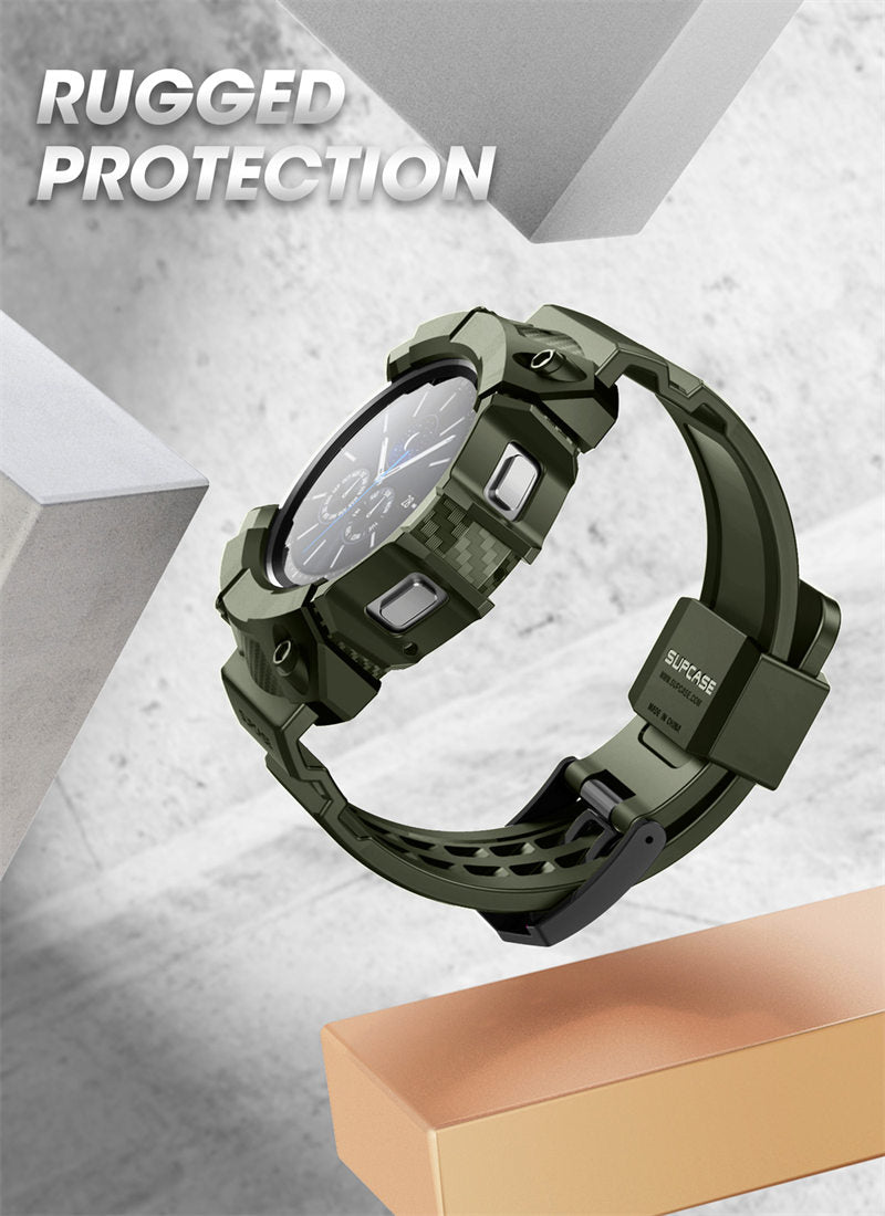 UB Pro rugged protective case for Samsung Galaxy Watch 4 Classic 46mm in black, showcasing its durable design and included strap bands.