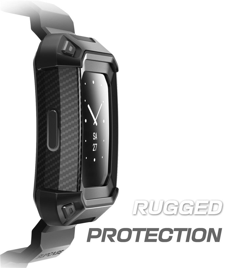 UB Pro Rugged Case Strap Bands for Fitbit Charge 2 in black, blue, and red colors, showcasing durability and style.