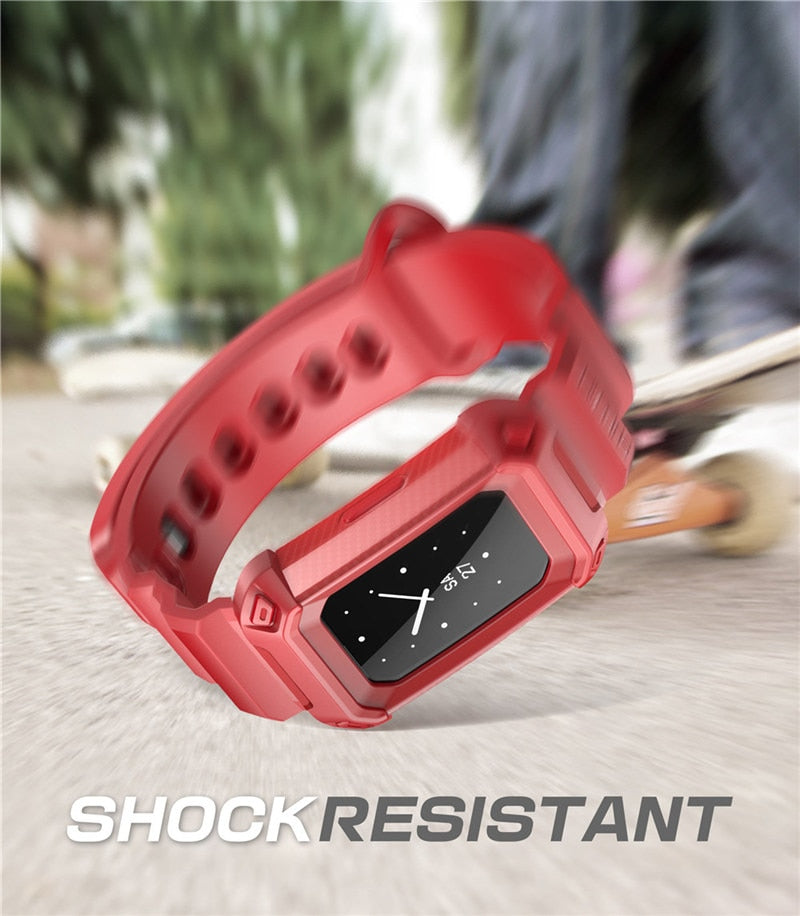 UB Pro Rugged Case Strap Bands for Fitbit Charge 2 in black, blue, and red colors, showcasing durability and style.