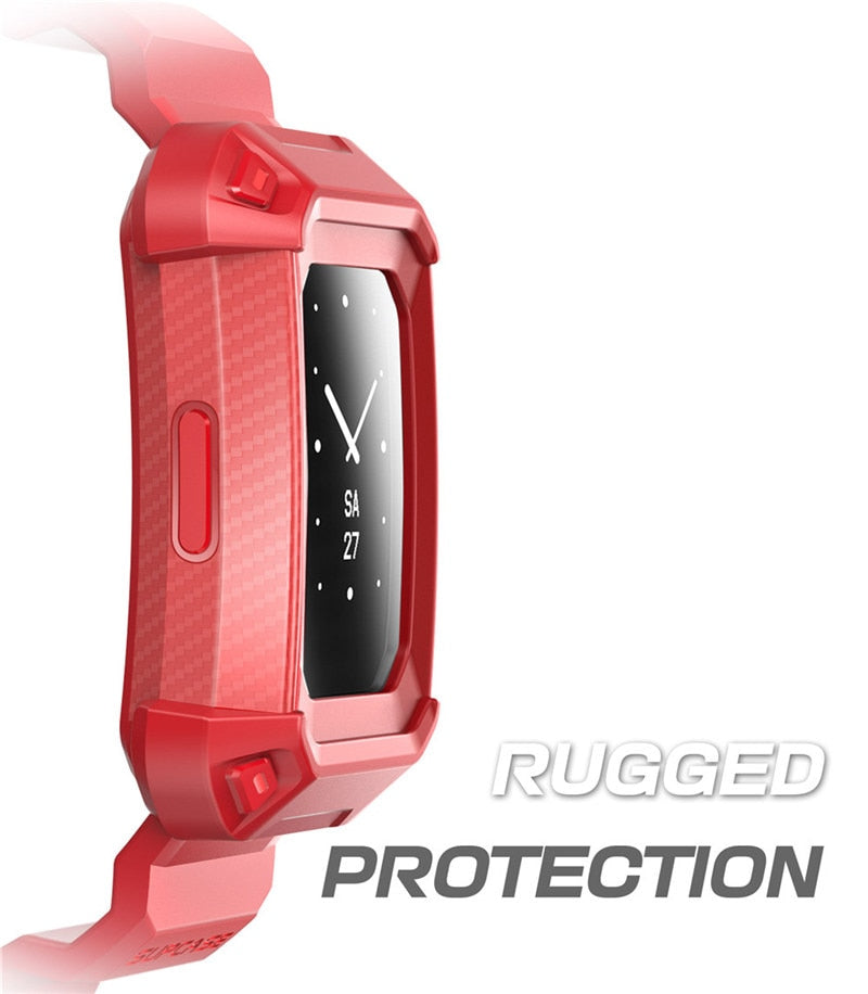 UB Pro Rugged Case Strap Bands for Fitbit Charge 2 in black, blue, and red colors, showcasing durability and style.