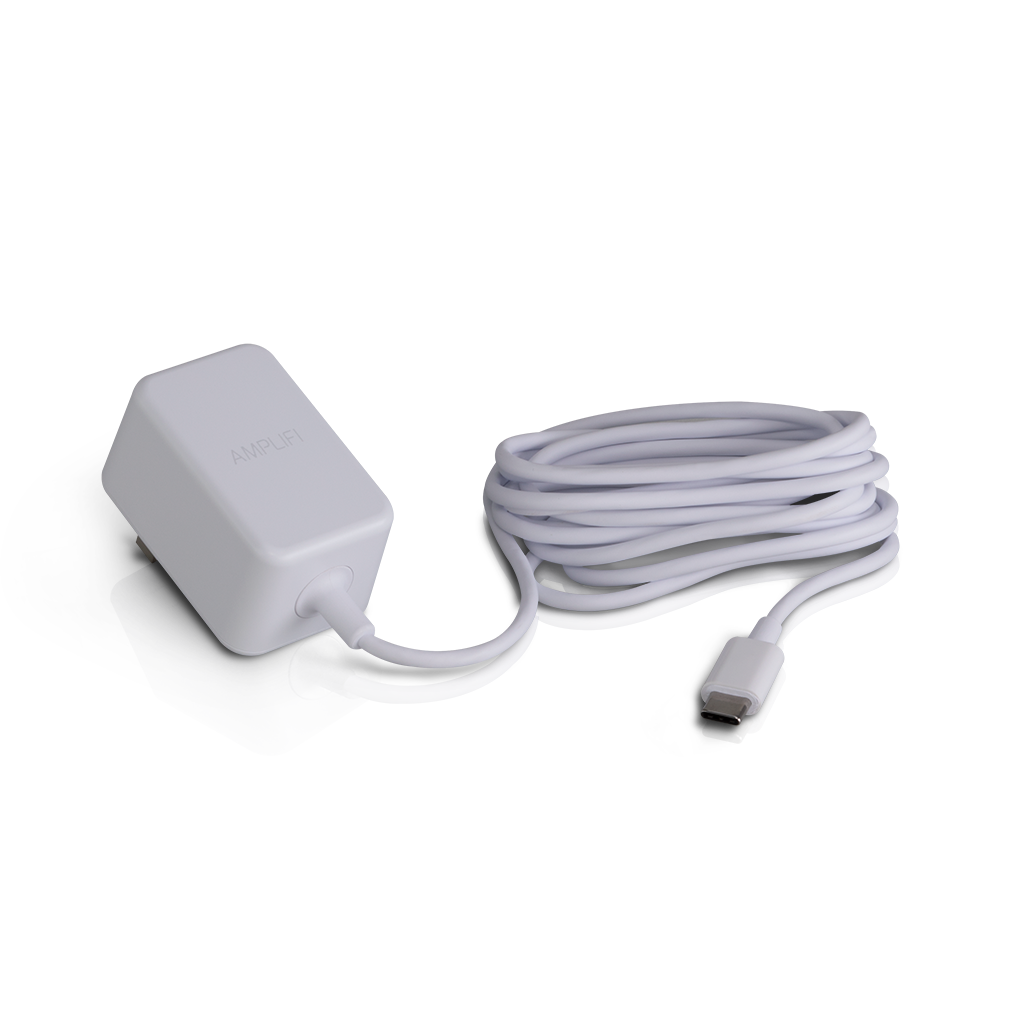 UBIQUITI Amplifi USB-C AU Power Adapter designed for AFI-R and UCK-G2-PLUS, featuring a compact design and USB-C connectivity.