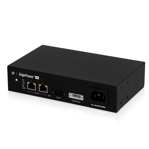 UBIQUITI EdgePower 54V 72W power supply with dual DC barrel jack and Ethernet ports, designed for WISPs with integrated battery backup.