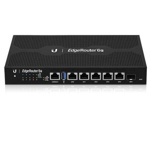 UBIQUITI EdgeRouter 6 showcasing its 5 gigabit ports and 1 SFP port, designed for high-performance networking.