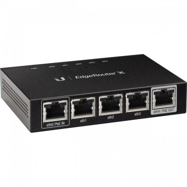 UBIQUITI EdgeRouter X, a compact 5-port gigabit router with sleek design and 24v passive PoE out feature.