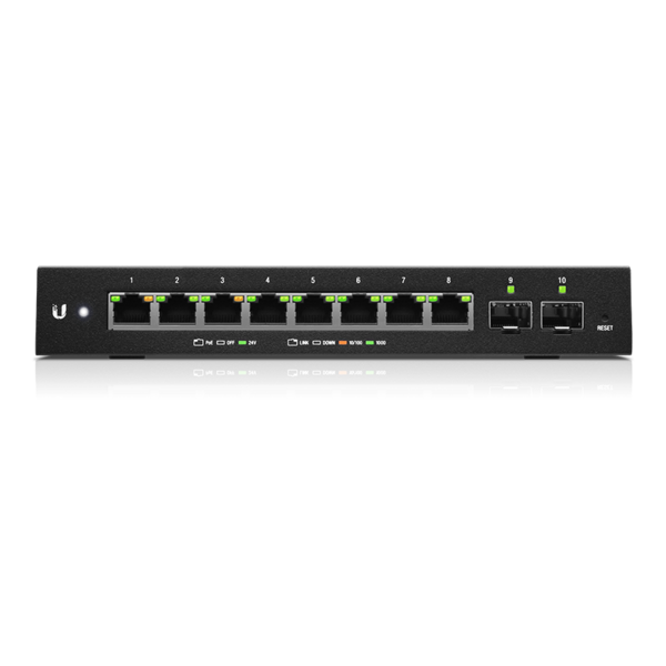 Ubiquiti EdgeSwitch 10XP Gigabit Switch with 8 Ethernet ports and 2 SFP ports, designed for efficient network management.