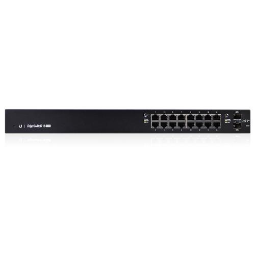 UBIQUITI EdgeSwitch 16, a 16-port managed PoE+ gigabit switch with sleek design and multiple ports for network expansion.