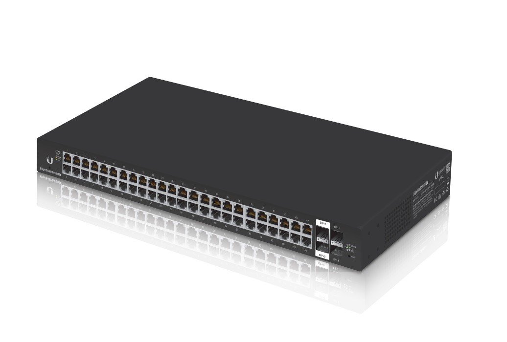 UBIQUITI EdgeSwitch 48, a 48-port managed gigabit switch with SFP and SFP+ ports, designed for efficient network management.