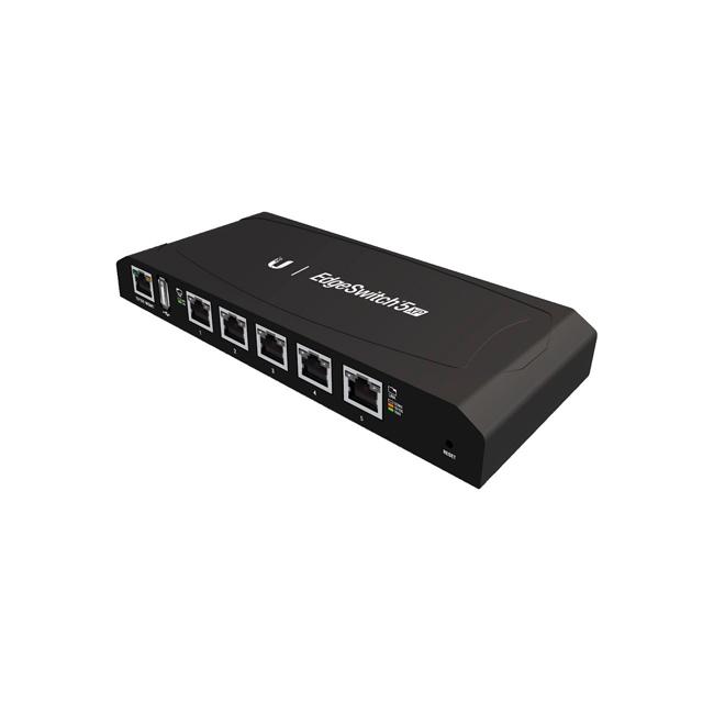 Ubiquiti EdgeSwitch 5 XP Gigabit 24V PoE switch with five ports and robust casing.