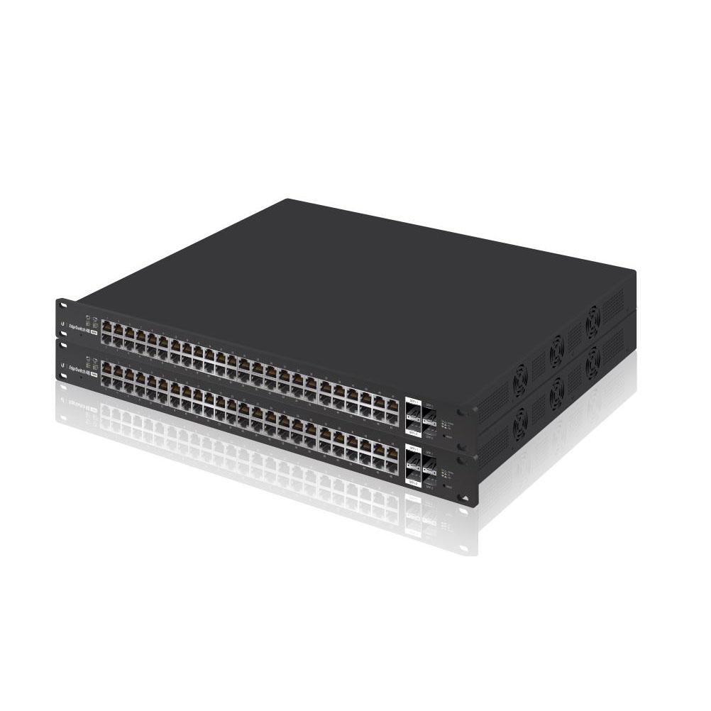 Ubiquiti EdgeSwitch 48-Port 500W Managed PoE+ Gigabit Switch with SFP ports, showcasing its robust design and multiple connectivity options.