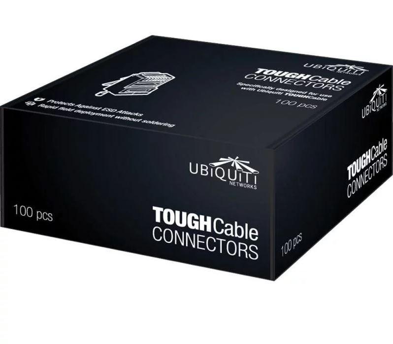 A pack of 100 Ubiquiti Ethernet Cable Connectors designed for TOUGHCables, showcasing their robust design and protective features.