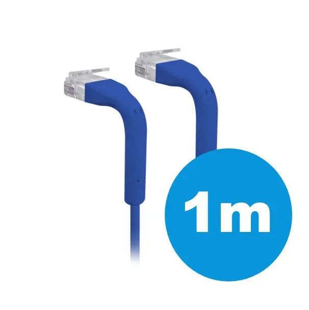 UBIQUITI 1m bendable RJ45 patch cable in blue, featuring ultra-thin design and flexible connectors.