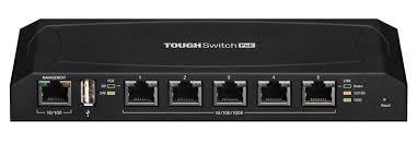 UBIQUITI ToughSwitch 5-port PoE Gigabit Managed Switch with Australian power cable, showcasing its ports and design.