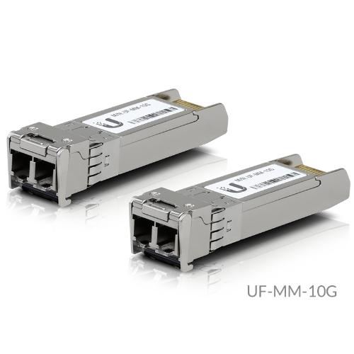 Ubiquiti UFiber SFP+ Multi-Mode Module 10G 2-pack with LC connectors, designed for high-speed networking.