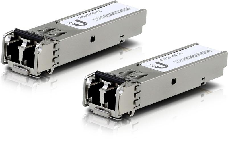 Ubiquiti UFiber SFP Multi-Mode Module 1G 2-pack with two LC connectors for high-speed fiber connectivity.