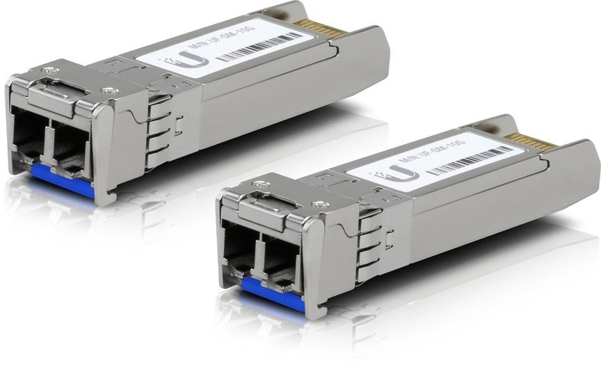 Ubiquiti UFiber SFP+ Single-Mode Module 10G 2-pack with two LC connectors, designed for high-speed fiber optic connections.