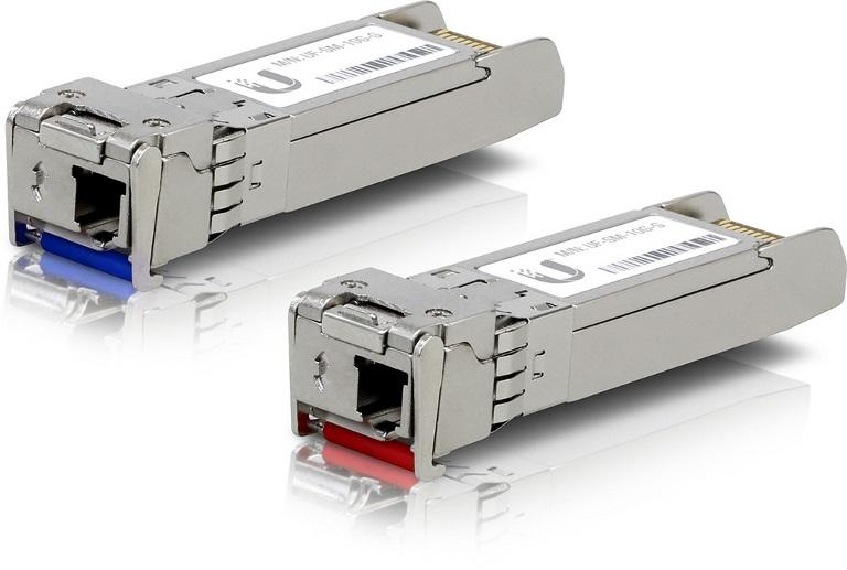 Ubiquiti UFiber SFP+ Single-Mode Module 10G BiDi 2-pack showcasing its compact design and dual-wavelength technology.