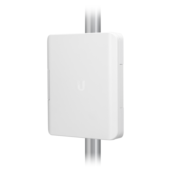 UBIQUITI UnFi Switch Flex Utility in a weatherproof enclosure, showcasing Ethernet patch cable and PoE adapter.