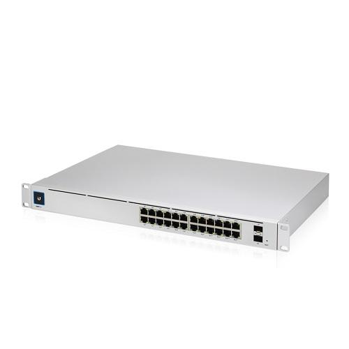 UBIQUITI UniFi 24 port Managed Gigabit switch with PoE capabilities, featuring a sleek design and user-friendly touch interface.