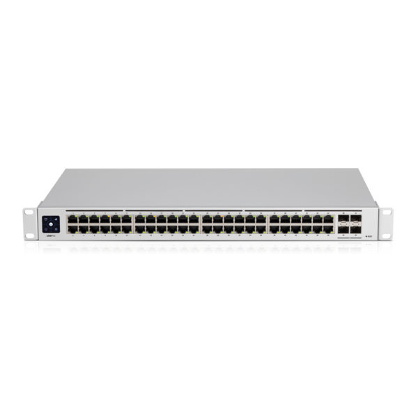 UBIQUITI UniFi 48 port Managed Gigabit Layer 2 & Layer 3 Switch with 48 Gigabit Ethernet ports and 4 10G SFP+ uplinks, showcasing its sleek design.