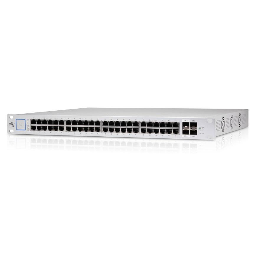 UBIQUITI UniFi 48-port Managed PoE+ Gigabit Switch with SFP+ 500W, showcasing multiple ports and a sleek design.