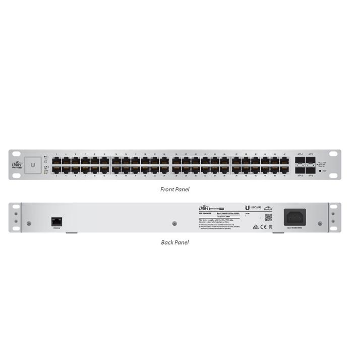 Ubiquiti UniFi Gigabit Switch 48 with Managed PoE+ and SFP, featuring multiple ports for high-performance networking.