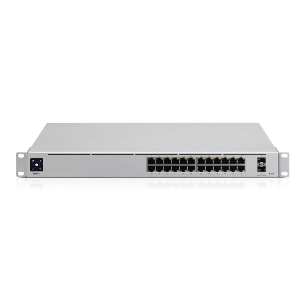 UBIQUITI UniFi Professional 24-Port Gigabit Switch showcasing its 24 Ethernet ports and SFP+ slots for enhanced connectivity.