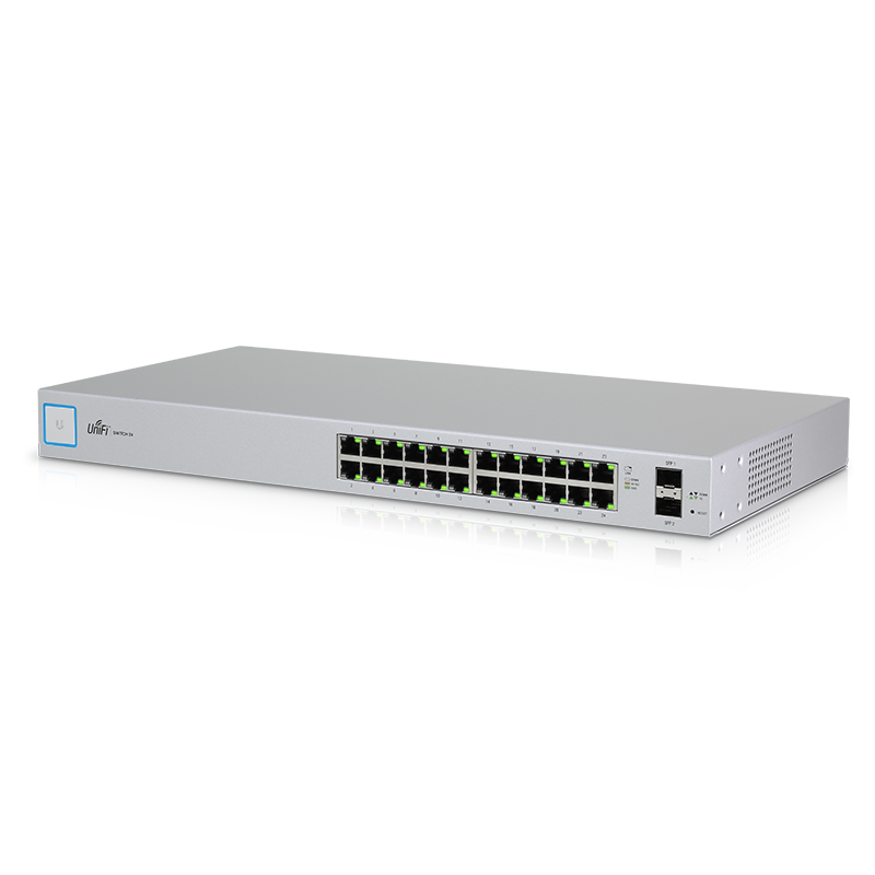 Ubiquiti UniFi Switch featuring 24 Gigabit RJ45 ports and 2 SFP slots, designed for efficient network management.