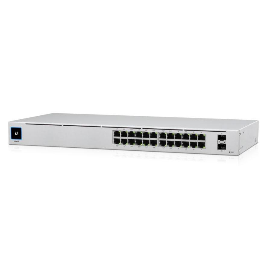 Ubiquiti UniFi USW-24-POE Gen 2 24-port Gigabit switch with PoE and SFP ports, featuring a compact design and touchscreen display.